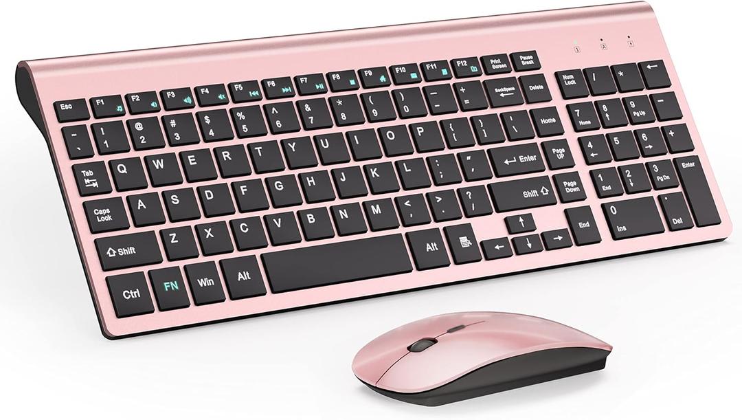 Wireless Keyboard and Mouse Ultra Slim Combo, TopMate 2.4G Silent Compact USB 2400DPI Mouse and Scissor Switch Keyboard Set with Cover, Batteries Included, for PC/Laptop/Windows/Mac - Rose Gold Black