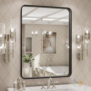LOAAO 24X32 Inch Black Metal Framed Bathroom Mirror for Wall, Matte Black Bathroom Vanity Mirror Farmhouse, Large Rounded Rectangle Mirror, Anti-Rust, Hangs Horizontally or Vertically