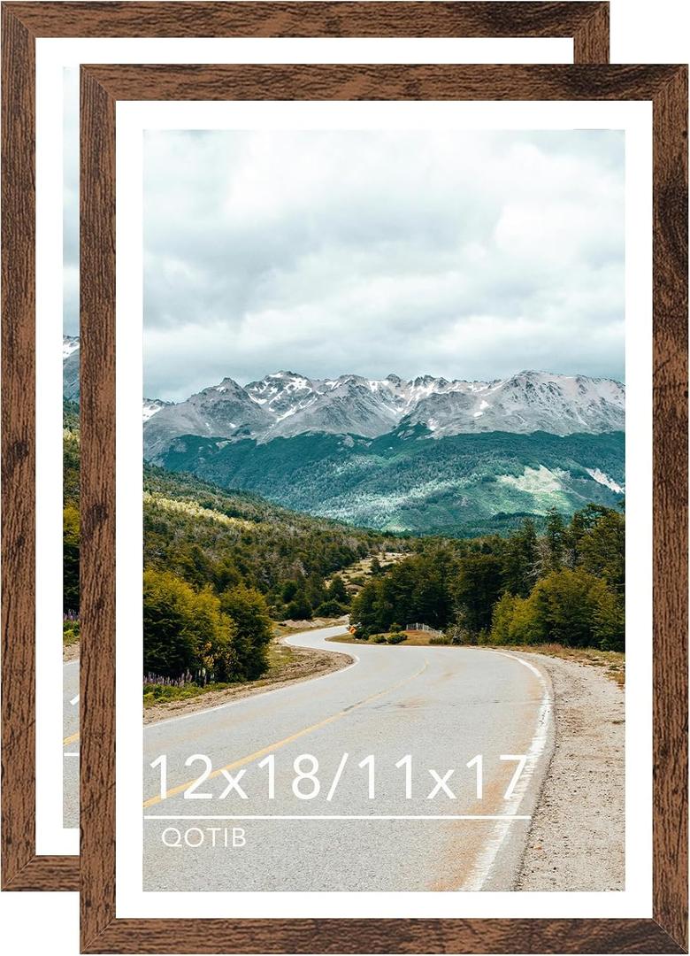 Wood 12x18 Picture Frame with 11x17 Mat, Display 11x17 with Mat or 12x18 Without Mat, Wood 12 by 18 Photo Frame, 12 x 18 Frame for Wall Hanging Display, Deep Brown, 2 Pack