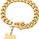 Strong Stainless Steel Thick Cuban Link Gold Dog Collar,Heavy Duty Chew Proof Metal Chain Fashion Necklace Collar for Large Dogs(Long 24'',Width 0.75'')