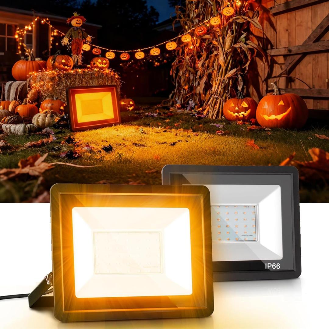 L LOHAS LED Orange Christmas Halloween Flood Light Outdoor, / 50W Plug in Flood Lights, IP66 Waterproof 2300lm Outdoor Lights for Yard, Garage, Party, UL Listed, 2 Pack