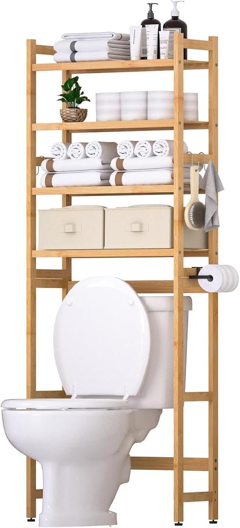 Over The Toilet Storage with 2 Baskets, 4-Tier Bamboo Organizer Rack with Paper Holder & 4 Hooks & Waterproof Feet Pad,Freestanding Shelf for Bathroom(Natural)
