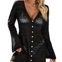 Saodimallsu Womens Crochet Swimsuit Cover Up Long Bell Sleeve Button V Neck Mesh Knit Beach Dress Vacation Outfits Black S