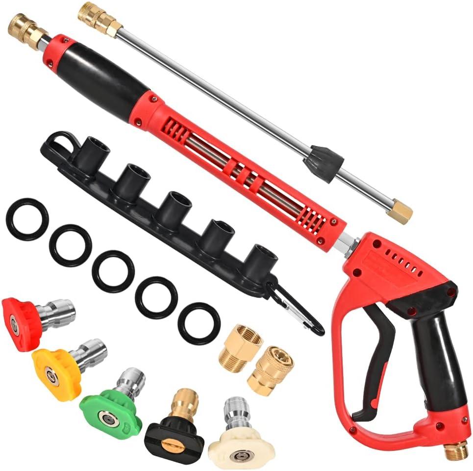 Pressure Washer Gun With Extension Wand Replacement 5000 PSI High Power Washer Gun 38 Inch Adjustable Length with M22 14mm or M22 15mm Fitting 5 Nozzle Tips with Nozzle Holder (Red)