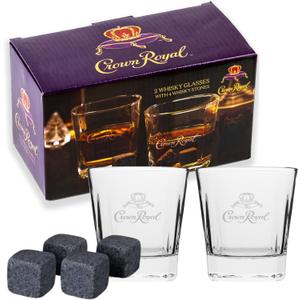 Whiskey Glasses Set of 2 Crown Royal Whiskey Glass and Stone Set 2 Scotch Glasses and 4 Unique Chilling Granite Rocks | Whiskey Stone Gift Set for Men Compatible
