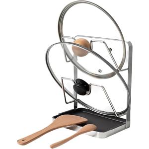 304 Stainless Steel Kitchen Pot Lid Storage Rack, Pot Lid Holder while Cooking, Pot Lid Organizer with Removable Tray & Spoon Rest,Waterproof & Rustproof (Grey, 2 Layer)