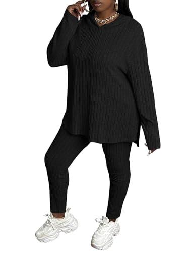 Tycorwd Women's Plus Size Two Piece Outfits Sweatsuits Sets Long Sleeve Hoodies Tracksuit Lounge Sets Black 3XL