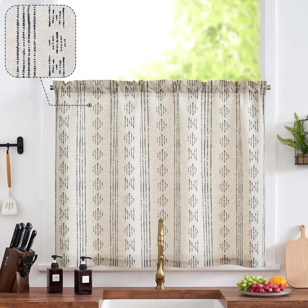 jinchan Boho Kitchen Curtain Linen Tier Curtain Bohemian Cafe 24 Inch Geometric Striped Small Window Drape Light Filtering Farmhouse Country Rustic for Bathroom RV 1 Panel Black on Beige