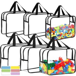 6 Packs Large Toy Storage Bags with Labels, Reusable Clear PVC Board Game Storage, Travel Waterproof Organizer Bags with Zipper for Building Blocks, Puzzle, Kids Books(3 large & 3 Extra Large) (black)