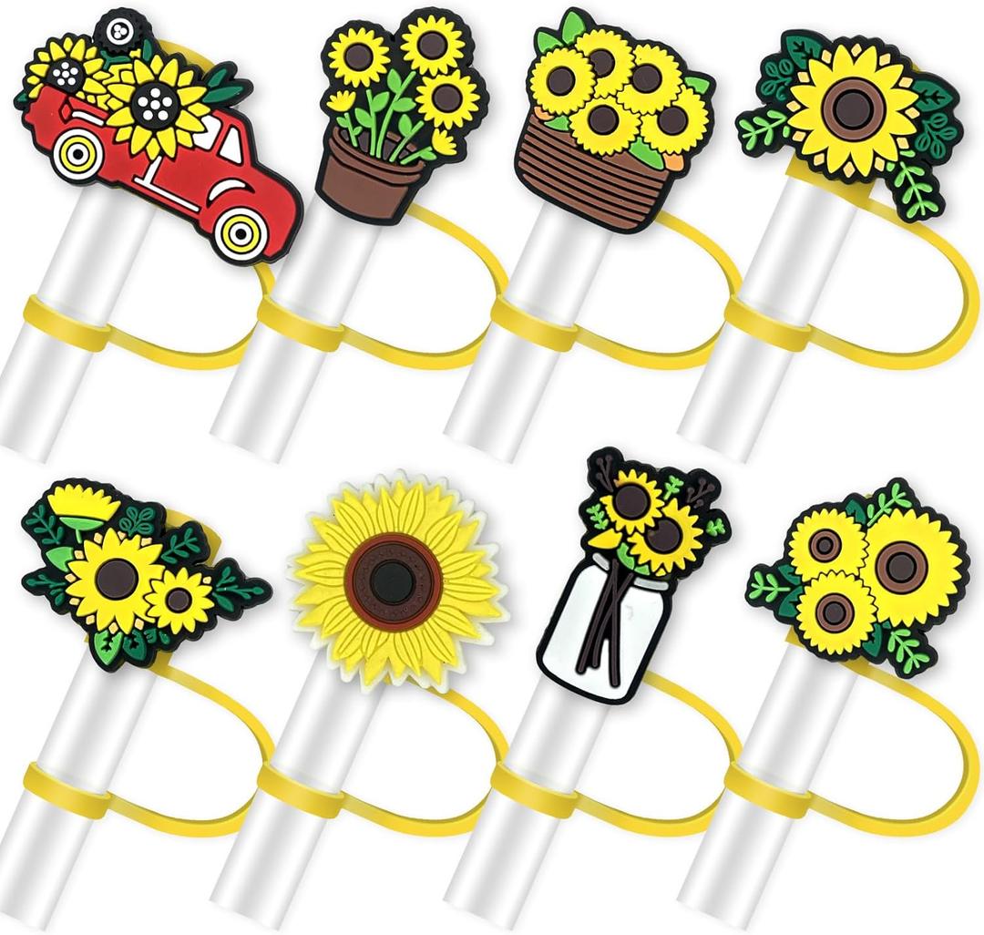 8Pcs Sunflower Straw Toppers for Tumbles, 10mm Straw Cover Caps Compatible with 30&40 Oz Tumbler with Handle, Drinking Straw Covers Cap for Tumbles Cups Accessories (Sunflower)