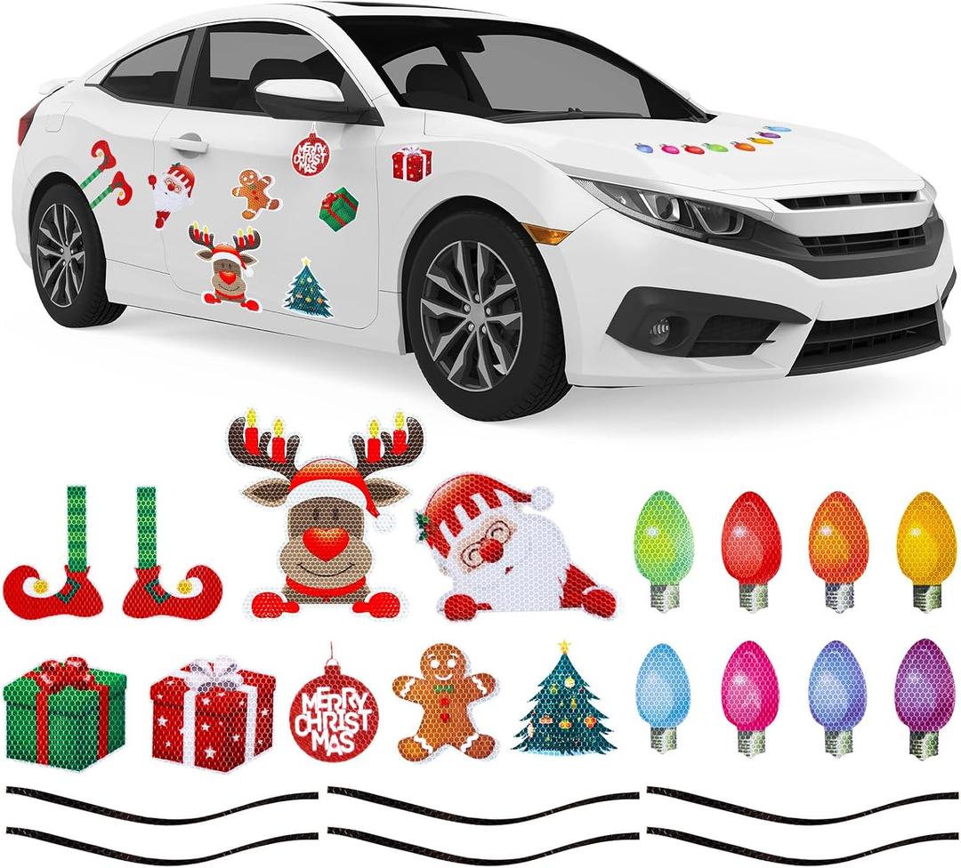 Whaline 30Pcs Christmas Reflective Car Magnets Set Colorful Bulb Light with Lines 8 Design Cartoon Santa Reindeer Gingerbread Refrigerator Garage Magnet Decal Decoration, 1.9x3.94 inches, 7.87 inches