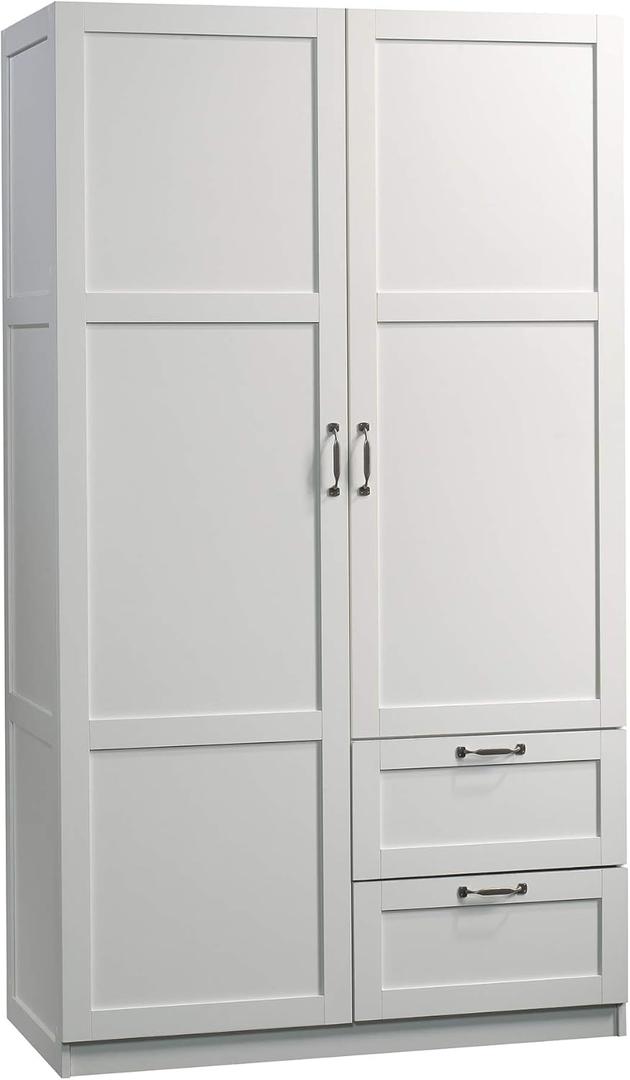Sauder Select Multipurpose Bedroom Armoire Wardrobe Closet Pantry Storage Cabinet with Storage Drawers and Hanging Rail, in Soft White finish