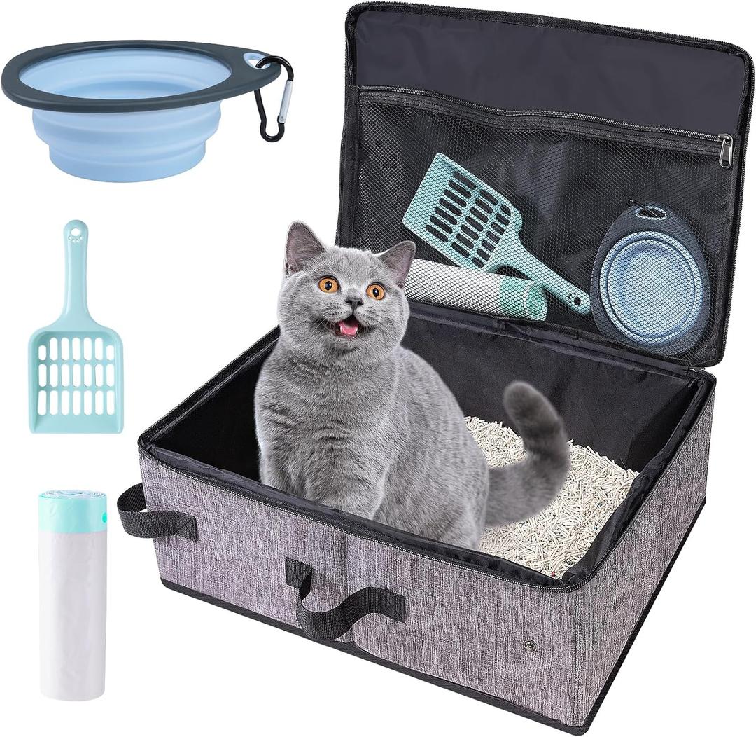 Travel Litter Box for Cats in Car with Lid and Cat Litter Scoop,Portable Cat Litters Case with a Bowl and 10 pcs Disposable Liner Bags,Leak-Proof and Collapsible