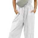 Nfsion Womens Casual Jumpsuit Crewneck Short Sleeve Long Wide Leg Pants One Piece Outfits Drawstring Romper with Pockets Medium Light Grey
