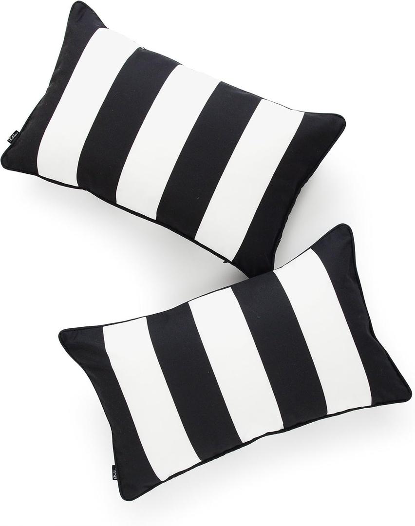 Hofdeco Decorative Lumbar Pillow Cover ONLY Indoor Outdoor Water Resistant Canvas Modern Black Stripes 12"x20" Set of 2