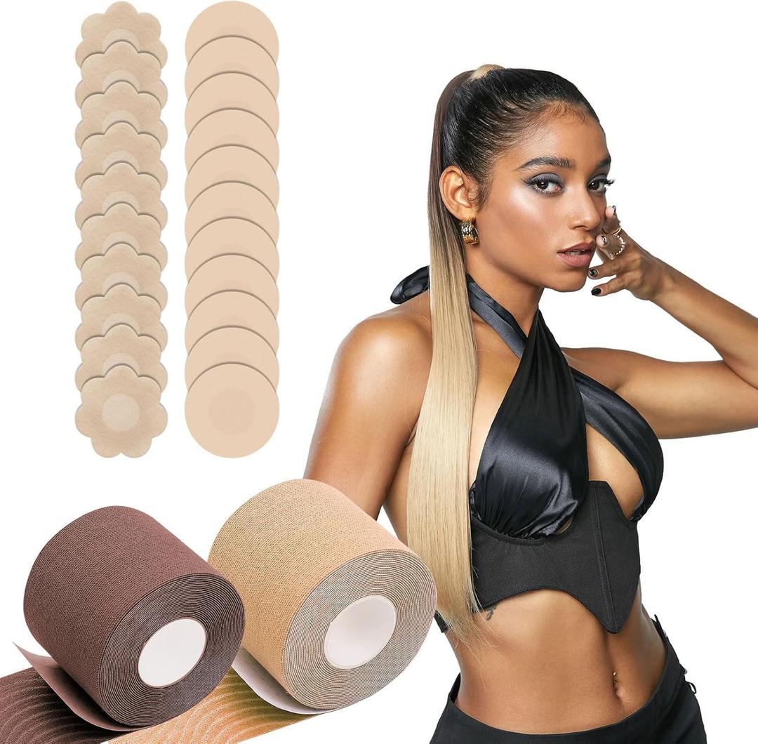 Boob Tape,2 Rolls Breast Tape With 10 Pairs Disposable Nipple Covers,Breast Lift Tape for A-E Cup Blue