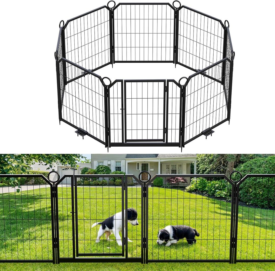 GarveeLife Dog Playpen Outdoor, 8 Panel Dog Fence with Gate for Yard,Pet Exercise Pen for Rv Camping Garden for Puppy and Small Dogs with Fixed Stakes(24 in) (Black)