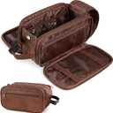 PAVILIA Toiletry Bag for Men Women, Mens Travel Bag Toiletries Organizer Case for Grooming, Travel Essentials Shaving Dopp Kit, PU Leather Water Resistant Cosmetic Pouch, Brown (Large (10.5x5.5x6))