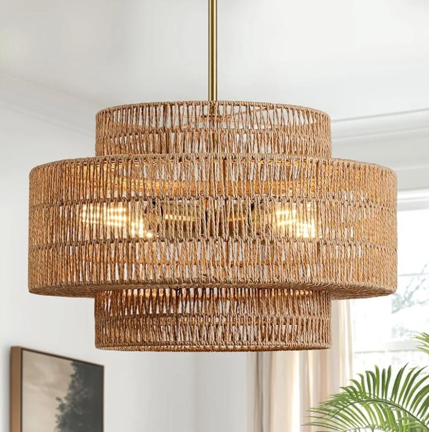 4-Light Boho Rattan Chandelier Light Fixture, 17.7” Hand Woven Rustic Chandeliers Farmhouse Chandelier Hanging Light for Dining Room Kitchen Island, Living Room, Foyer
