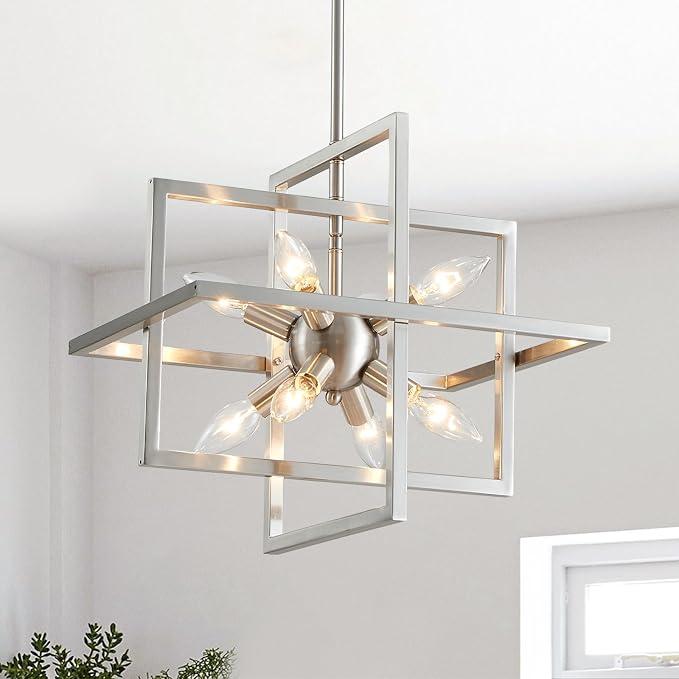 Majhoiw Geometric Chandelier Brushed Nickel Chandelier 8 Lights 22" Modern Pendant Lighting Fixture Farmhouse Ceiling Light for Dining Room Kitchen Island Living Room Bedroom Hallway