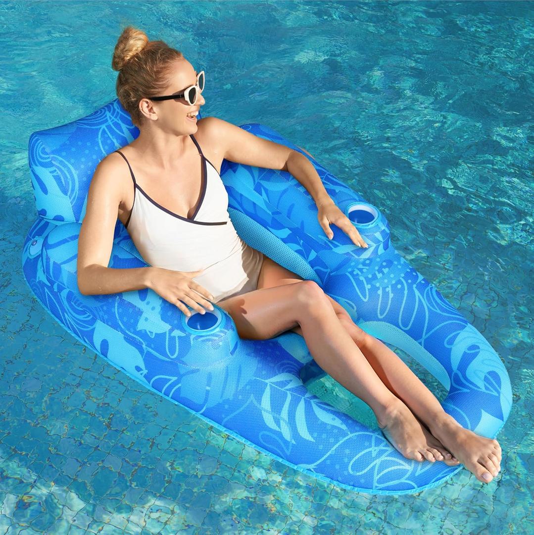 SLOOSH Premium Inflatable Pool Floats Lounger Adult, Fabric Pool Floaties Lounge with Cup Holders Backrest Recliner for Pool Party (Blue)