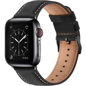 SUNFWR Leather Bands Compatible with Apple Watch Band 42mm(Series 3 2 1) 44mm 45mm 46mm 49mm for Men Women, Top Grain Genuine Leather Replacement Strap for iWatch Ultra 3 2 1, SE3 2 1, Series 11 10 9 8 7 6 5 4 3 2 1 (Black/Black)