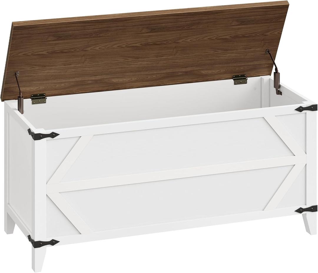 HOOBRO 43.3" Storage Bench, Toy Box with Safety Hinges, Toy Chest Storage, Wooden Storage Bench for Bedroom, Living Room, White and Walnut WH611CW01