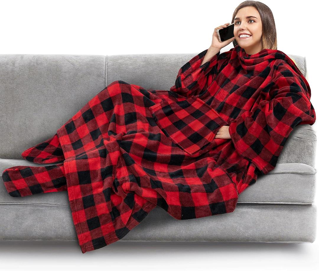 PAVILIA Fleece Blanket with Sleeves, Foot Pockets for Women Men Adults, Plush Wearable Blanket Throw Wrap, Warm Snuggle Blanket Robe, Cozy Gift Ideas Wife Mom, Checkered Red