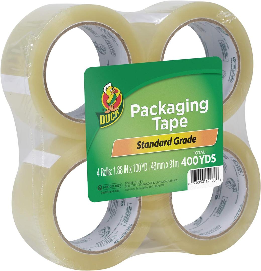 Duck Brand Standard Packaging Tape Refills - 4 Extra Long Rolls of Clear Packing Tape - Shipping, Mailing and Moving Supplies - 3" Core - 1.88 Inch x 100 Yards - Clear (240593)