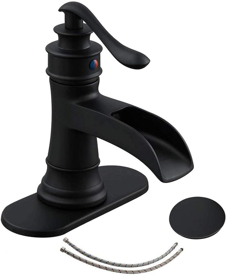Black Bathroom Faucet Matte Waterfall Sink Farmhouse Vanity Single Hole Faucets One Handle Basin Antique centerset with Pop Up Drain Stopper Mixer Tap Overflow Supply Line by Homevacious
