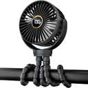 Portable Stroller Mini Fan, Small Rechargeable Personal Fan, Baby Travel Essentials for Wagon, Car Seat, Treadmill, Battery Powered Biking Gear Accessories, 360 Rotation, 3-Speed, Display, Black