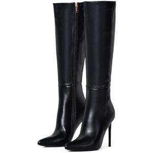 Elisabet Tang 4 inch Women's Knee High Long Boots, Stiletto Tall Pointed Toe Heeled Boot Leather Suede Comfortable Sexy, 8