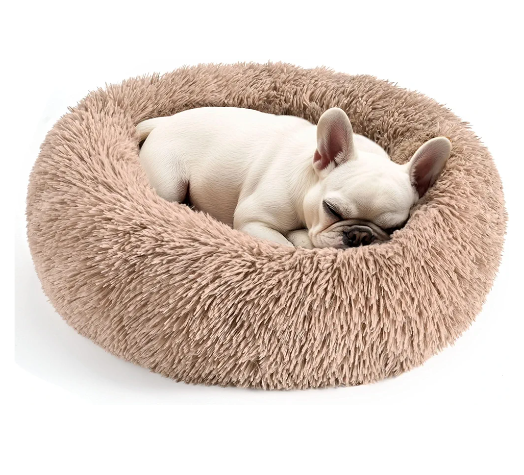 Hoewina Dog & Cat Bed for Indoor Cats, 20in Calming Donut Bed for Puppy and Kitten, Washable Round Fluffy Pet Bed for Small Medium Dogs and Cats (Camel)