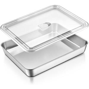 E-far Lasagna Pan with Lid, Stainless Steel Rectangular Cake Baking Pan with Cover, 12⅓x9¾x2 Inch Metal Bakeware Brownie Casserole Oven Tray Sheet, Deep Side & Heavy Duty, Anti-Rust & Dishwasher Safe