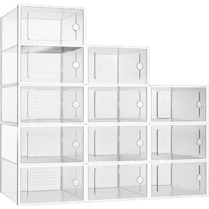12 Pack Clear Shoe Storage Organizer with Magnetic Door,Stackable Plastic Shoe Boxes for Sneakers,Boots,and Heels,Space-Saving Foldable Shoe Rack for Closet,Durable Shoe Cabinet Organizer,White