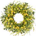 LSKYTOP 24Inches Artificial Daisy Flower Wreath with Eucalyptus Green Leave Spring Summer Wreath for Front Door Wall Decor (Yellow)