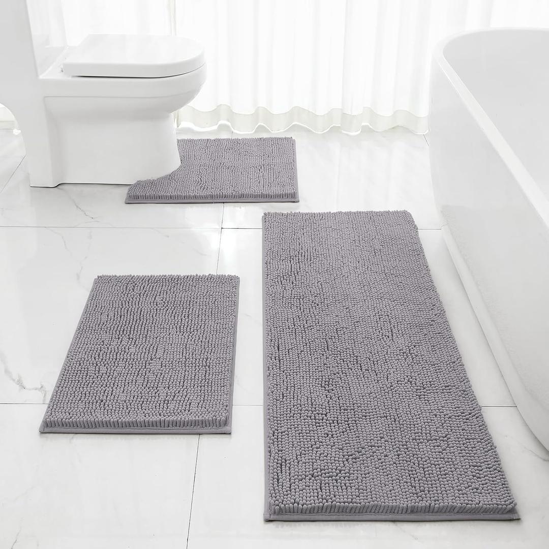 HOMEIDEAS 3 Pieces Bathroom Rugs, Extra Large Ultra Soft Non Slip Absorbent Chenille Toilet Bath Mat Set (Grey) (17"x24"+20"x48"+U Shape 20"x24")