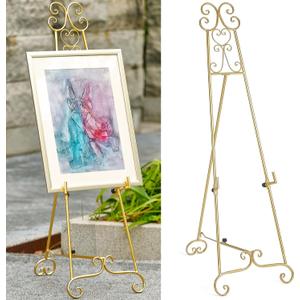 Metal Large Free Standing Adjustable Display Stand Scroll Easel with Chain Support, Gold Easel Stand for Sign, Heavy Duty Easel for Mirror, Wedding, Picture Frame (No Installation Required)