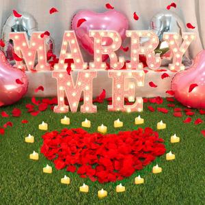 Marry Me Sign Large Proposal Decorations Light Up Letters with 2000 Pcs Rose Petals and 24 Romantic LED Flameless Candles Love Balloons Kit for Valentines Engagement Wedding Outdoor Decor (Romantic Pink Suit)
