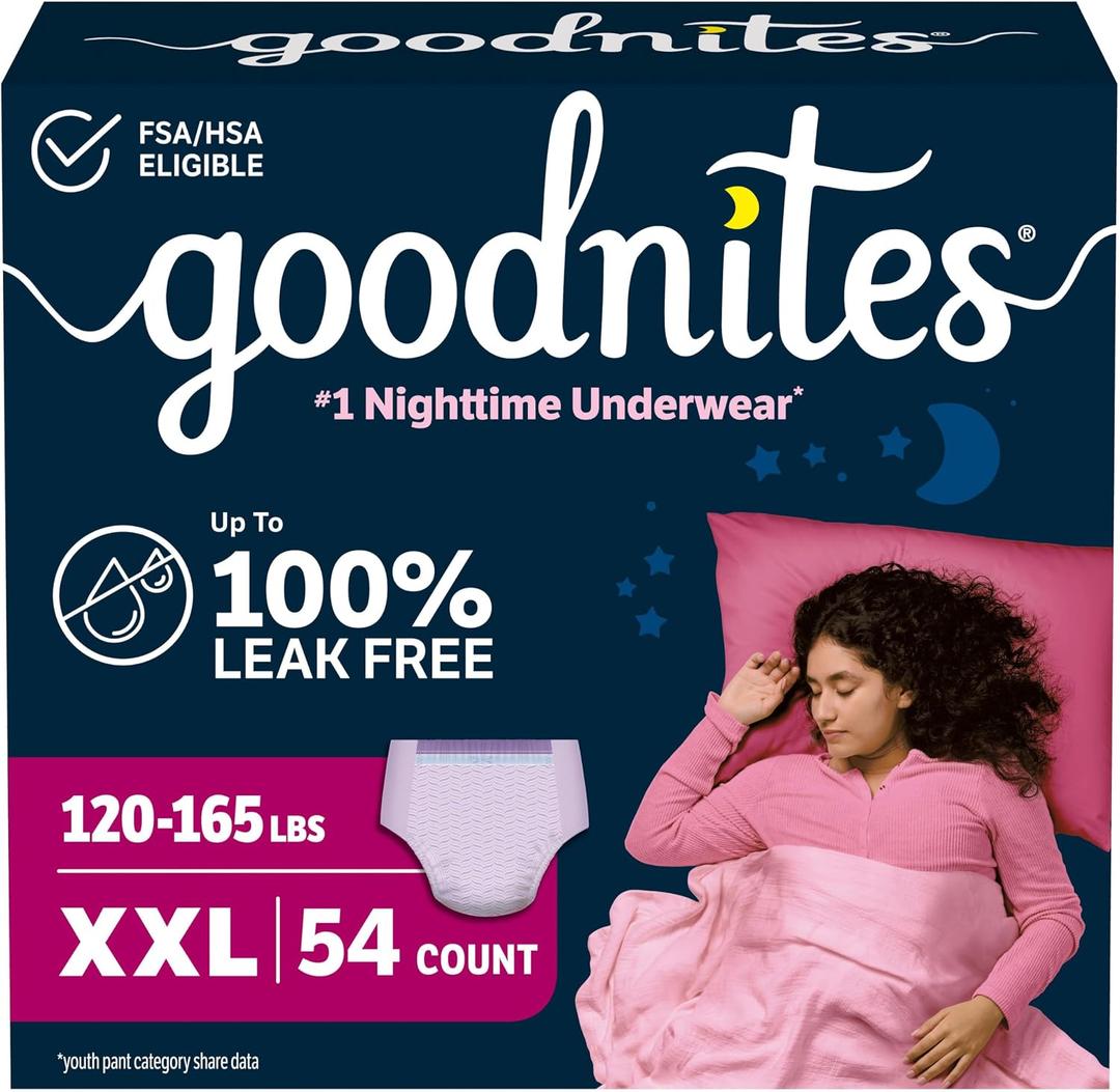 Goodnites Girls' Nighttime Underwear, Size XXL (120-165 lbs), 54 Ct