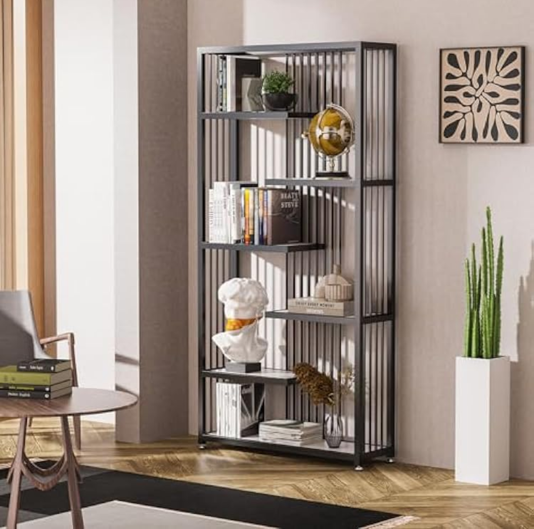 KINGBO 6-Shelf Display Shelf, 78" Tall Etagere Bookshelf, Staggered Bookcase Shelf with Metal Frame, Modern Open Curio Display Shelving Unit for Living Room Bedroom, Black
