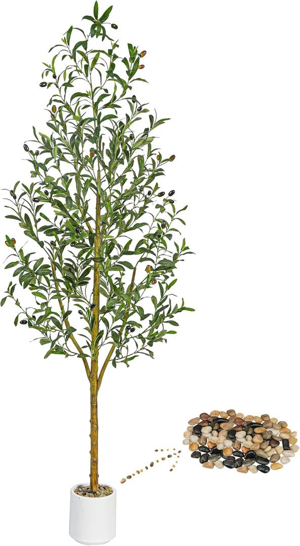 Artificial Olive Tree Artificial Plants, Tall Faux Olive Silk Plant with White Planter Home Office Decor Indoor Fake Potted Tree with Lifelike Fruits Housewarming Gift (1, White, 6FT)