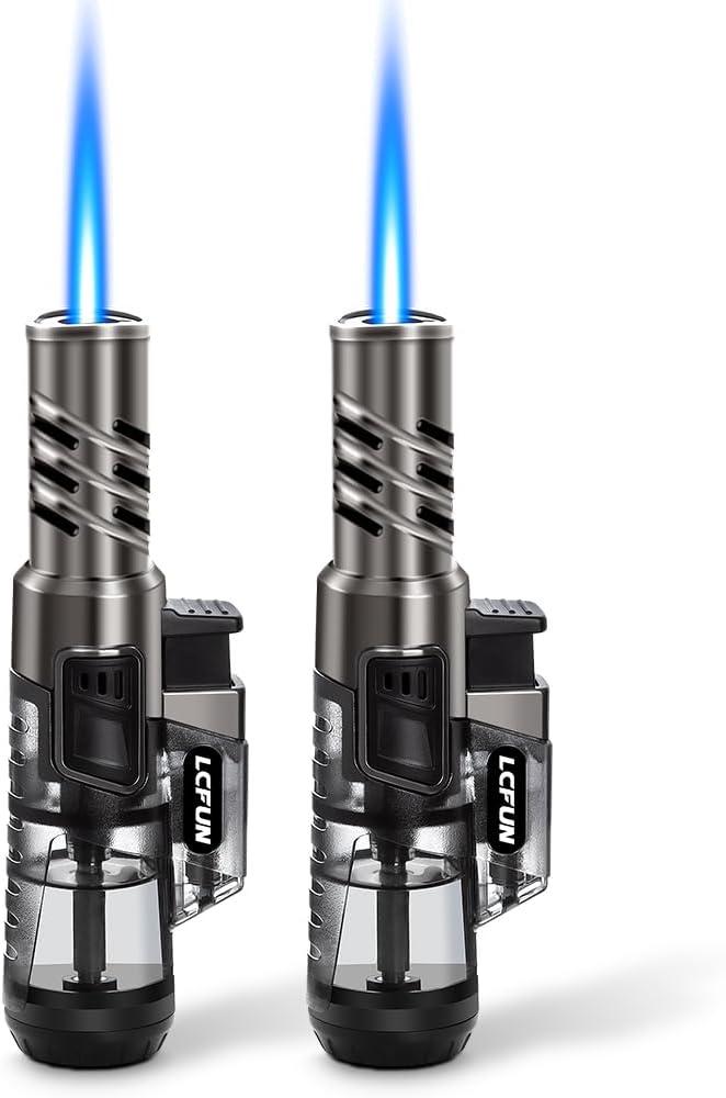 LcFun Torch Lighter 2 Pack Windproof Adjustable Single Jet Flame Butane Lighter Refillable Gas Lighter for Candle Camping Grill BBQ Fireplace (Butane Not Included) (Double Black)