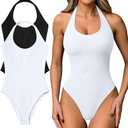 OQQ Women Halter Neck Bodysuits 2 Pack Sleeveless Shapewear One Piece Leotard Shirt Going Out Tops (M)