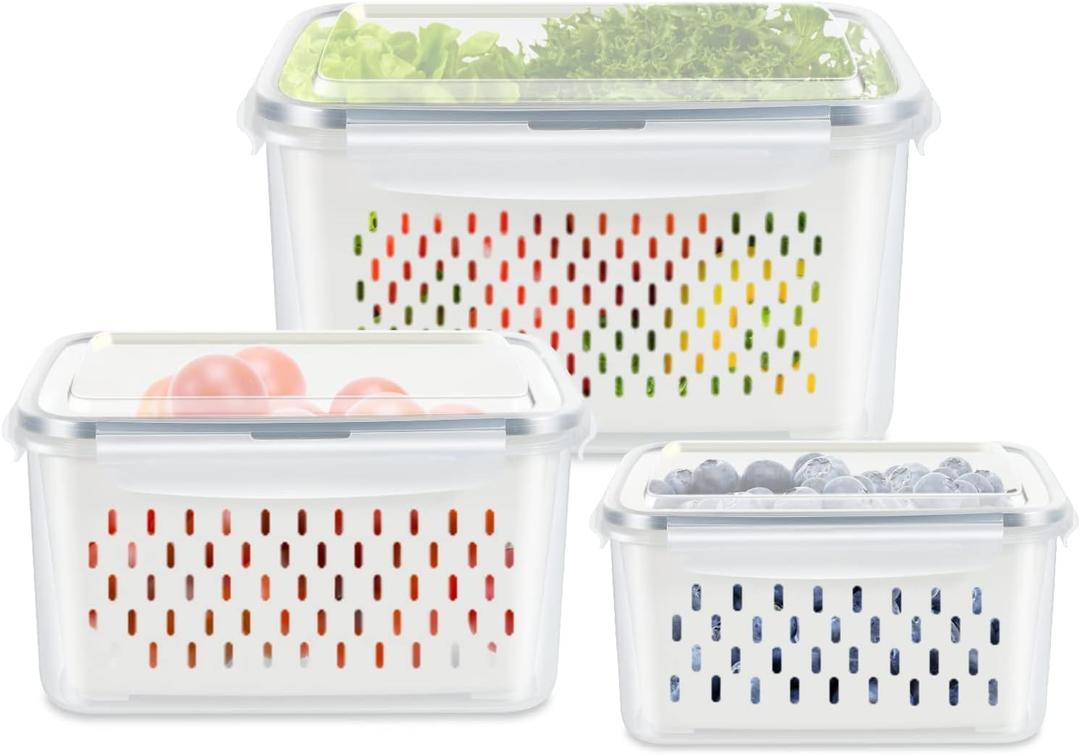3 Pack Fruit Storage Containers for Fridge, Produce Saver Vegetable Container with Drain Colanders - Refrigerator Organizer for Lettuce Berry Keepers, 3 Sizes