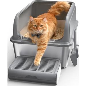 Cat Litter Box - Stainless Steel Litter Box with Scatter-Proof Elevated Step Board for Kitty Use, Robust & Non-Sticky Metal Cat Box with Scoop, Grey