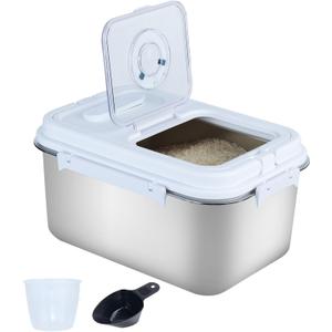 20Lbs Airtight Rice Container with Flip Lid, Stainless Steel Food Storage Container with Date Tracker, Measuring Cup and Spoon, 10L Portable Kitchen Pantry Bin for Flour Grain Sugar - Silver