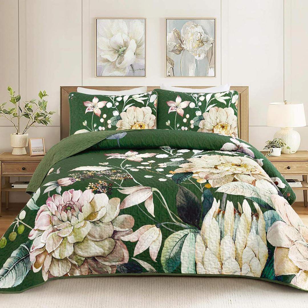 Drucon Floral Quilt King Size - 3 Pieces Green Quilt Botanical Bedspread Soft Lightweight Flower Bedding Set for All Season (104"x90")