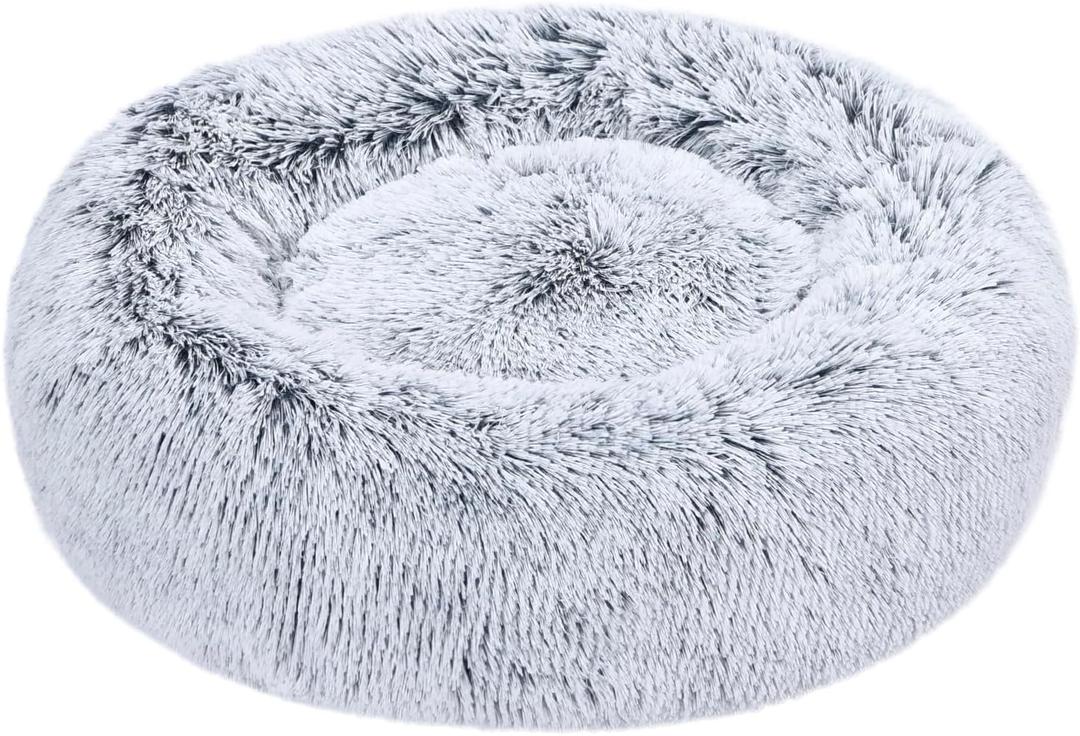 Amazon Basics Washable Donut Pet Bolster Faux Fur Bed with Removable Cover, Anti-Slip Bottom for Dog, Grey, 23" x 23"