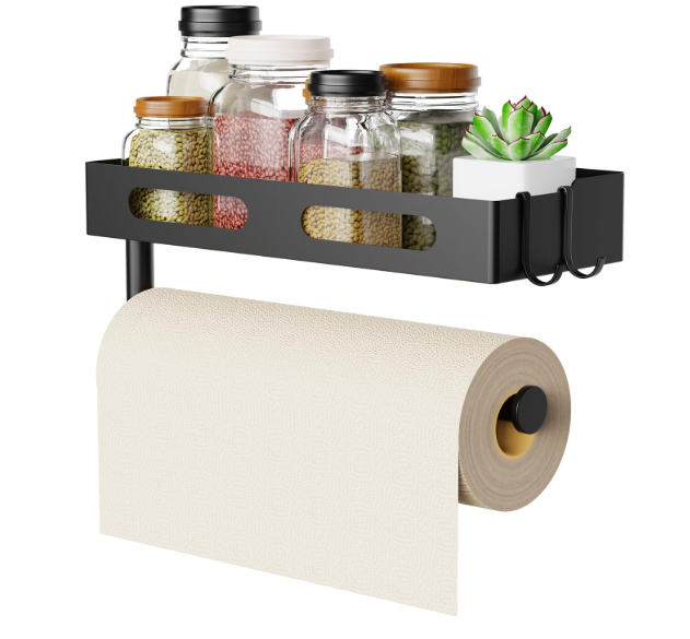 Paper Towel Holder Wall Mount for Kitchen, Paper Towel Holder with Shelf for Bathroom, RV Paper Towel Rack, Spice Rack with 2 Hooks,Matte Black